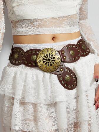 1 st. ovalt bälte i bohemisk punkstil i vintage-stil för kvinnor, brunt bälte med nitar för jeans/klänning, lämpligt för vardag, fest och semesterkläder