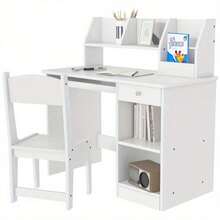 Compact Study Set With Storage - White MDF Desk & Chair Combo For Creative Workspace