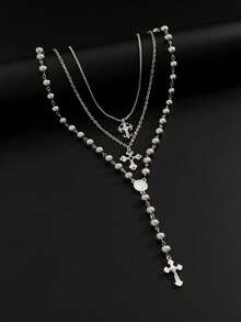 3pcs/Set Vintage Multilayer Cross Pendant Necklace Set, Fashionable Y-Shaped Necklace, Hip-Hop, Versatile, Minimalist, Bead Chain Necklace For Men/Women, Fashion Jewelry