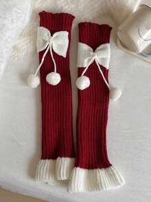 1/2 Paio di scaldamuscoli in maglia con fiocco e pon pon in rosso, verde, nero, bianco, versatili scaldamuscoli alti fino alla coscia, adatti per autunno, inverno, primavera, Natale
