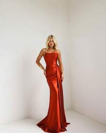 Elegant, Sexy, Satin, Strapless, Maxi Party Dress With Side Slit And Tie At The Back, Ideal For Bridesmaid/Smart Casual Attire/Wedding Guest/Graduates/Formal Occasions - 紅陶 - 查看 4