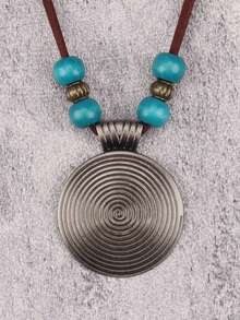 藍色木珠+古銀色螺紋牌