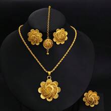 Golden Color Jewelry Set, Vintage Beautiful Jewelry For Women - Pendant Necklace, Earrings, Ring, Headchain, Hairpin, African Eritrean Bridal Wedding Luxury Accessories