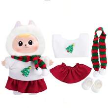 17厘米拉布布娃娃圣诞装，纯色心形刺绣毛衣+牛仔裤+纯色系带帆布鞋套装，第一代/第二代娃娃吊坠配饰，适合青少年、万圣节和圣诞派对（不含娃娃）