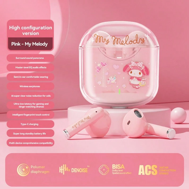 Sanrio Semi-In Ear Wireless Bluetooth Earbuds Official Licensed Cute Cartoon Headphones With Long Battery Life HiFi Sound Quality, Cute Aesthetic Earphones For Daily Use Gift Ideas For Everyone