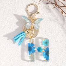 Fashionable Butterfly Tassel Flower Initial Keychain For Girl And Ladies, Blue Cute Dry Flower Dandelion Letter Key Chain, Backpack/Handbag Decoration Gift Bag Accessories Lanyards With Id Holder Car Accessories Bag Charms Christmas Car Accessories Teacher Friend Sister Gift Ideas