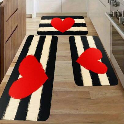 Alfombra de pasillo con diseño de rayas en forma de corazón - Felpudo antideslizante y lavable para piso, decoración del Día de San Valentín, alfombra para pasillo largo, dormitorio, sala de estar, regalo perfecto para inauguración de casa, boda, aniversario