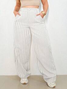 A&DD MODA, REF: H932(PLUS SIZE) - Plus Size Women's Striped Pants, Stylish Plus Size, High Waist, Wide Leg, Elegant, Casual, Formal, Lightweight, Modern, Comfortable, Women's Pants, Lightweight Fabric, Striped Print, Simple Look, Versatile, High Quality ✨ - 白色 - 查看 1