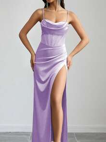 Women's Elegant Light Purple Satin Spaghetti Strap Ruched Decor Back Tie Open Slit Dress, Suitable For Banquet, Party, Wedding Bridesmaid - Màu tím hoa cà - Xem 5