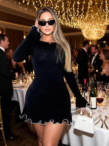 性感波浪卷边荷叶边迷你毛衣连衣裙，可爱风，街头风，时尚，适合派对、情人节、新年等场合 - 黑色 - 查看 6