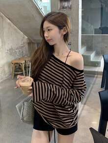 Women Spring Korean Loose Striped Off Shoulder Long Sleeve T-Shirt Top - Black - View 6
