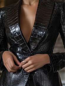 Chaqueta deportiva de manga larga con botones de unicolor y piel de cocodrilo retro de PU para mujer