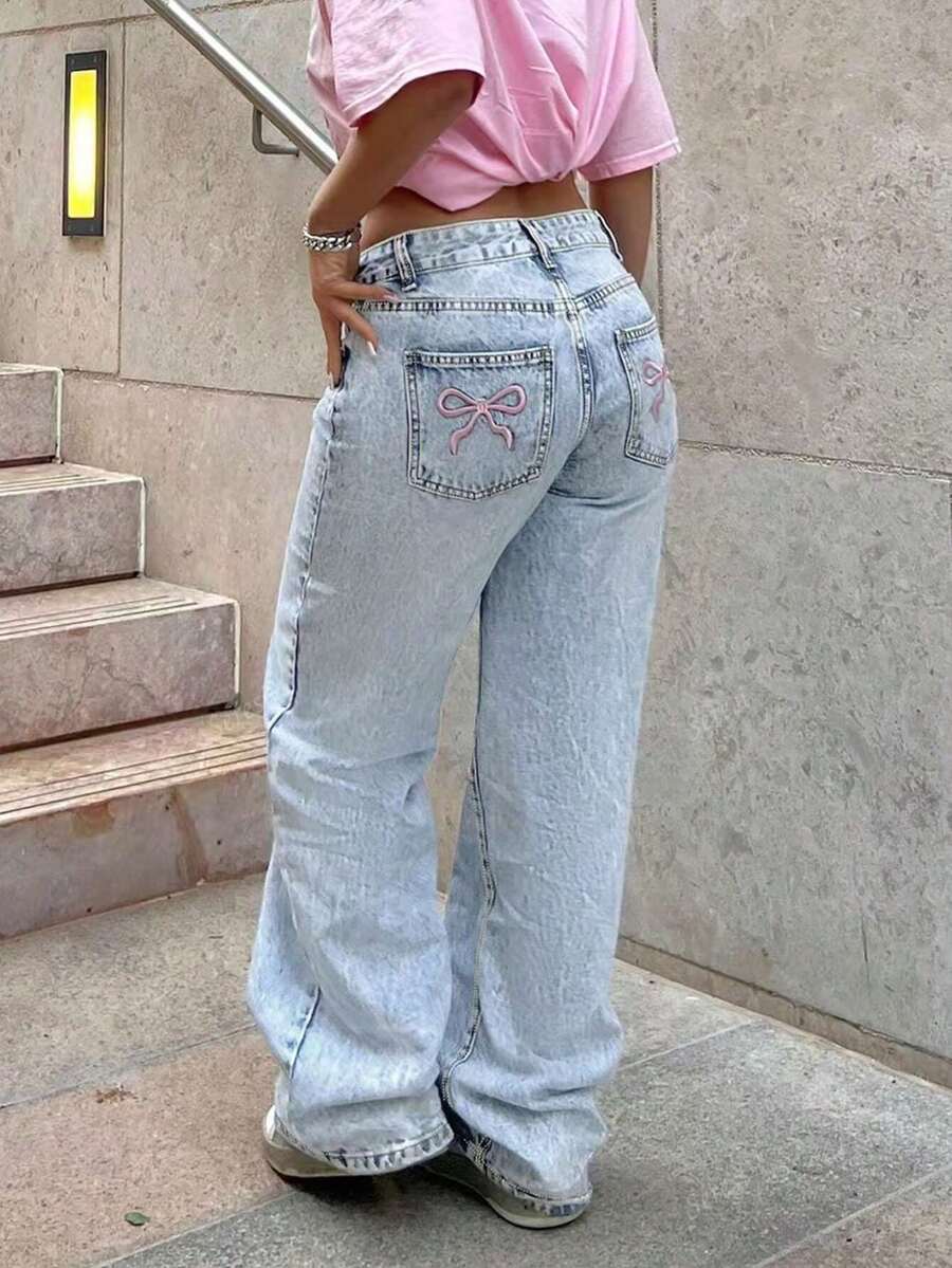 Mobula Sound#Versatile Fashion Casual Elegant Cute Pants For Spring/Summer, Suitable For Holiday, Daily, Birthday, Party, Formal Evening, Back To School, Singles Party, Travel, Stage And Concert, Tea Party, Airport, Made Of Denim, With Embroidery And Bow Design