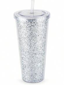 Glam Silver Vaso de doble pared con purpurina de 24 onzas por Blush |   Reutilizable, a prueba de fugas, viajes, plástico transparente, delgado, de café helado con sello de silicona, tapa atornillada y pajita - Plateado - Ver 1