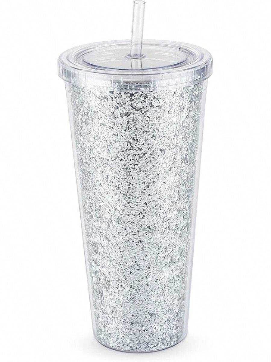 Glam Silver Vaso de doble pared con purpurina de 24 onzas por Blush | Reutilizable, a prueba de fugas, viajes, plástico transparente, delgado, de café helado con sello de silicona, tapa atornillada y pajita - Plateado - Ver 1