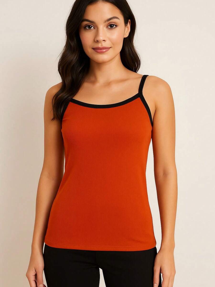 Basic Casual Polyester Sports And Fitness Ribbed Thin Strap Tank Top - 橙色和黑色 - 查看 1