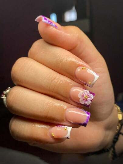 10pcs Y2K Style 3D Purple Floral Short Press On Nails, Handmade Purple Floral French Square Nails, Nude Pink Base Color With Purple Floral Decor, 3D Flower Design With Gold Bead Elements, Elegant & Romantic, Essential For Summer & Autumn, Suitable For Daily, Date, Concert And Light Business Occasions, Great Gift For Women & Girls