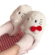 Sanrio 2 piezas Pantuflas de diseño de gato de felpa gruesa, antideslizantes, adecuadas para otoño/invierno, ideales para el hogar, dormitorio y niñas