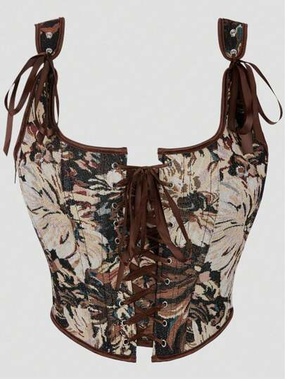 Corsé vintage de mujer con flores pintadas, con cordones y tirantes delanteros, con soporte de busto push-up, adecuado para fiestas, carnavales, Halloween y otros festivales