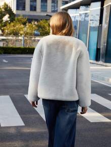 Plus Size Women Front Open Faux Fur Collar Long Sleeve Jacket, Business Commute Coat For Winter