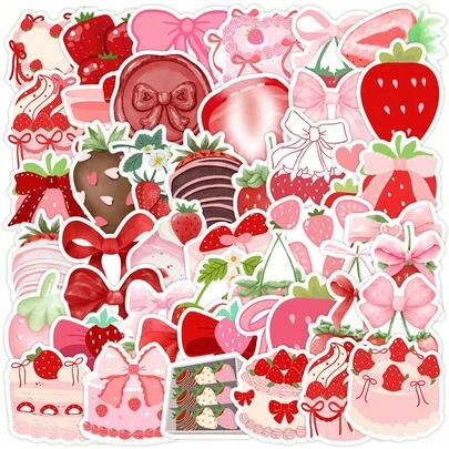 50pcs Fruit Stickers, Cartoon Strawberry Stickers, Valentine's Day Stickers, Strawberry Decorations, Pink Cute Stickers, Strawberry Accessories, Strawberry Gifts, Strawberry Products, Decorative Stickers, Waterproof Vinyl Stickers, Decorative Laptop Sticker Set, Skateboard Stickers, Water Bottle Stickers, Notebook Stickers