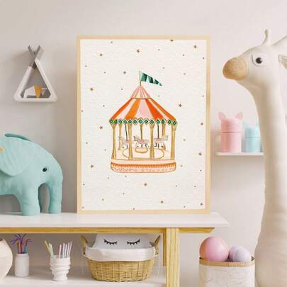 1 件，帆布墙面艺术，带框墙面装饰，水彩旋转木马艺术印刷品，学龄前儿童墙面艺术，奇思妙想的嘉年华印刷品，可爱的学龄前儿童绘画，幼儿园游乐场装饰，神奇的儿童房艺术品