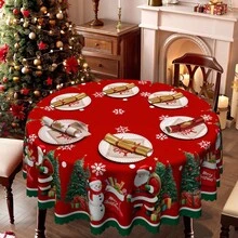1 pezzo Tovaglia natalizia vintage a tema rosso - Babbo Natale, pupazzo di neve, albero di Natale, scatola regalo, disegno a fiocco di neve, abbinata a calze rosse, in tessuto di poliestere durevole - adatta per tavoli rettangolari o rotondi, perfetta per regali di Natale e celebrazioni di Capodanno, decorazione della tavola da pranzo di Natale, decorazione natalizia - Multicolore - Visualizzare 14