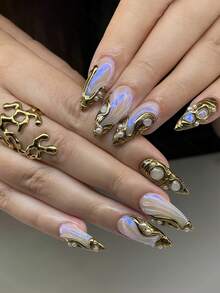 10pcs Handmade Wearable Nail Stickers, Suitable For Women, Full Coverage Reusable, Applicable For 3D Glitter Chrome Nails, Hand-Painted Glitter Nails, Metallic Y2K Style - Multicolor - View 11