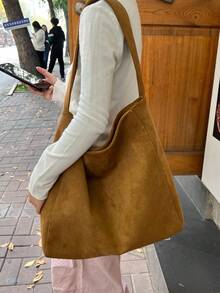 仿麂皮时尚大容量女士日常休闲手提包单肩包，适合通勤、购物、旅行和度假 - 棕色 - 查看 3