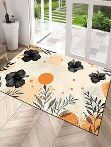 1pc Vintage Floral Pattern Doormat, Modern Minimalist Black White Orange Design Quick Drying Water Absorbent Outdoor Rug, Indoor Entrance Small Carpet, Outdoor Doormat, Bathroom, Laundry Room, Bathroom Entrance, Sink Front, Shower Room And Party Carpet, Bathroom Decor, Bathroom Mat, Bathroom Accessories, Machine Washable Shower Mat Doormat, Suitable For Living Room, Bedroom, Kitchen And Various Scenes At The Entrance, Party, Holiday, Gift, Dinner