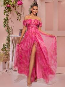 VIPGIRL露肩花瓣袖红色女士晚礼服 - 玫紅色 - 查看 3