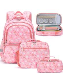 3PCS Cute Kids Backpacks For Teen Boy Girl - Waterproof Bookbag Set Primary School Daypack Elementary Students Knapsack With Lunch Box & Pencil Case For Preschool Kindergarten Backpack Back To School Student - Daisy và cầu vồng - Xem 1