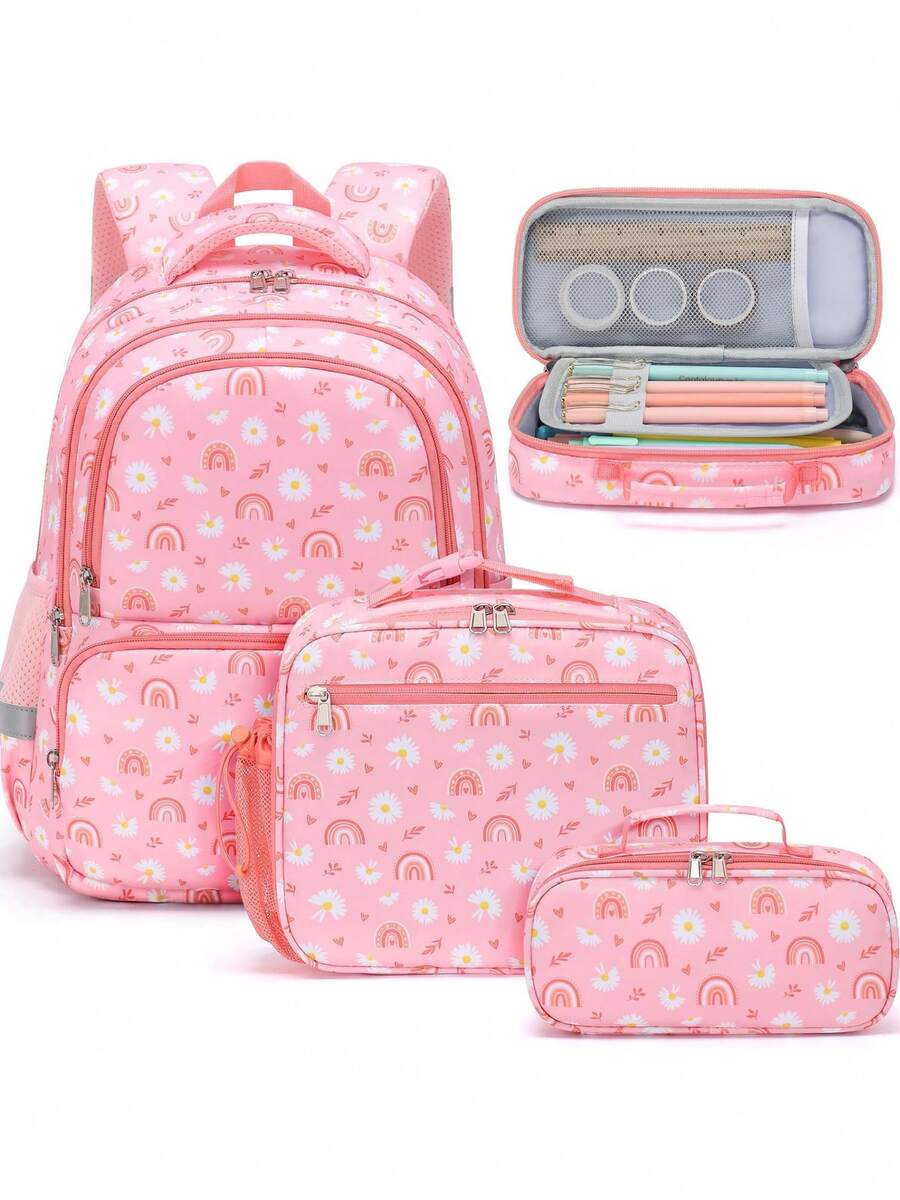3PCS Cute Kids Backpacks For Teen Boy Girl - Waterproof Bookbag Set Primary School Daypack Elementary Students Knapsack With Lunch Box & Pencil Case For Preschool Kindergarten Backpack Back To School Student - Daisy và cầu vồng - Xem 1
