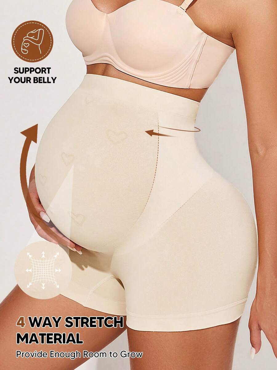 Maternity High Waist Belly Support Shorts With Expandable Abdominal Panel - Apricot - View 1