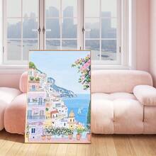 1pc, Canvas Framed Wall Art, Positano Coast Artwork, Pink Villa Decorative Painting, Mediterranean Style Decor, Italian Coastal Scenery, Folk Art Style, Spring Wall Art, Fashionable Home Decor, Room Decor, Bedroom Decor, Dormitory Decor, Living Room Decor