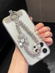 Colgante de llavero con oso/lazo de nudo con strass premium, cadena versátil anti-caída, decoración asimétrica de lazo de perla falsa, adecuado para teléfono, viaje al aire libre, compras, cordón anti-pérdida, correa de funda de teléfono de moda