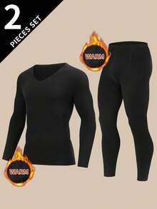 2pcs Men's Thermal Underwear Set, V-Neck Long Sleeve Top + Pants, Warm Casual Base Layer For Autumn/Winter