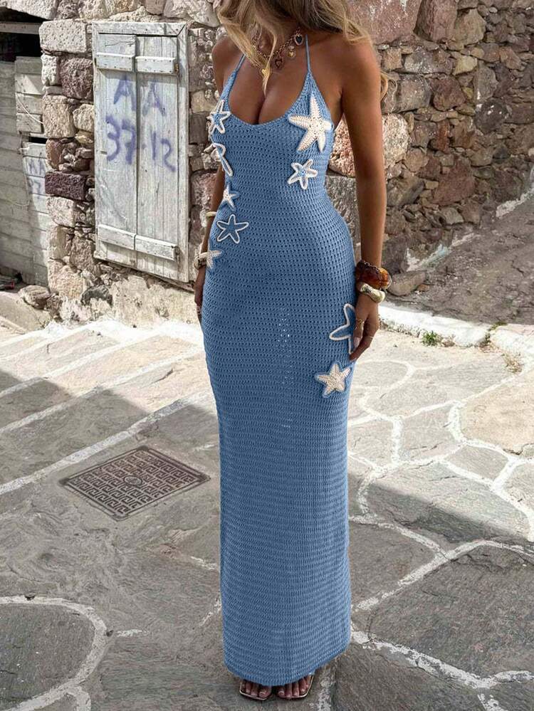 Yuwenier Elegant Hollow Sheer Crochet Handmade Embroidered Starfish Decor Spaghetti Strap Bodycon Backless Dress, Suitable For Summer Beach Vacation, Women - Blue - View 5