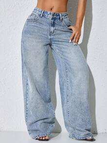 低腰阔腿休闲蓝色做旧斜插口袋弧形裤脚女式牛仔裤，秋季款 - 藍色 - 查看 6