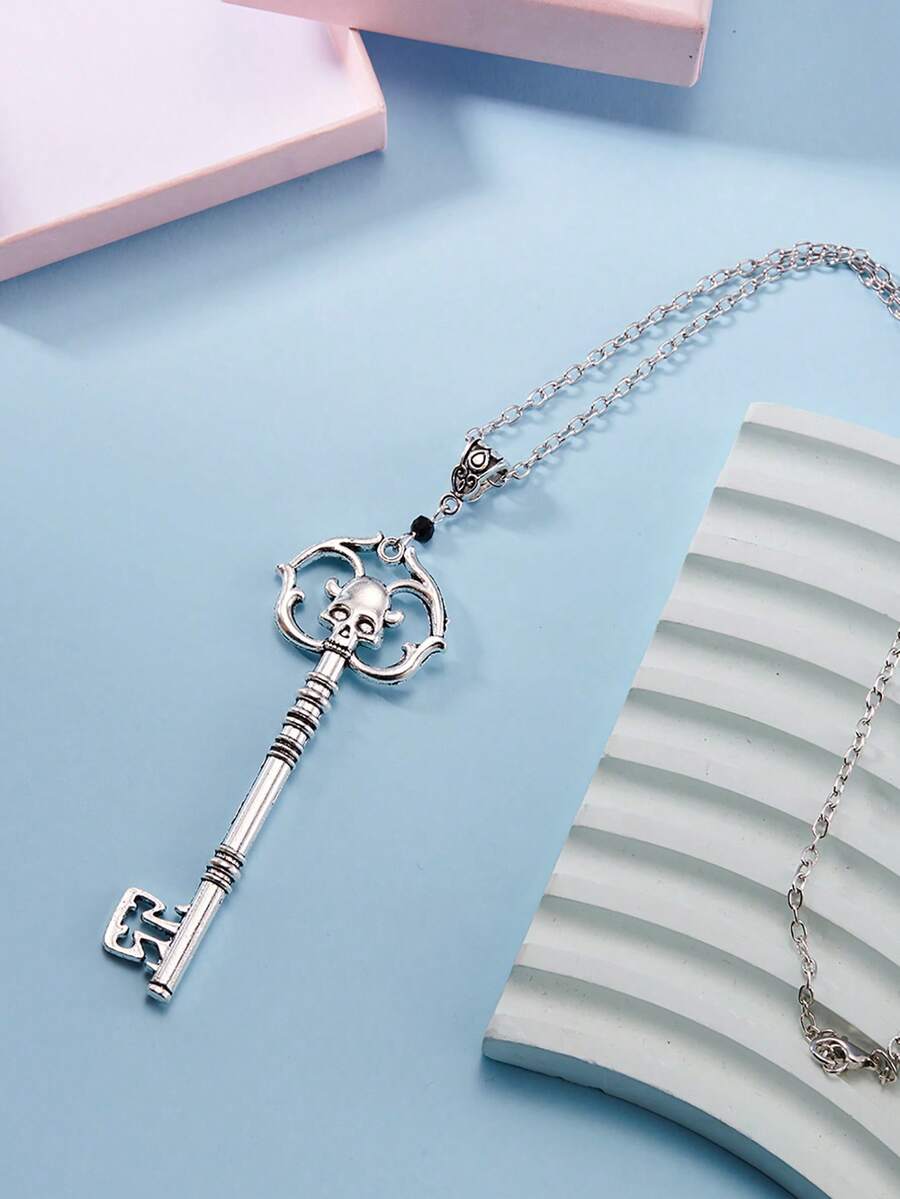 1Pc Fashionable Skull Key Gothic Style Alloy Pendant Necklace Women Fashion Halloween Party Gift - Skull Key Pendant Necklace - View 1