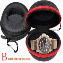 手表盒两件套，带登山扣，圆形便携式单表旅行盒，带拉链和衬垫的 EVA 手表盒，用于存放手表和智能手表，黑色尼龙椭圆形手表收纳盒，天鹅绒内饰，便携式旅行表盒，EVA 抗压保护袋，防摔、防震、防刮，适用于智能和机械手表 - 均碼 - 查看 15