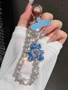 Colgante de llavero con oso/lazo de nudo con strass premium, cadena versátil anti-caída, decoración asimétrica de lazo de perla falsa, adecuado para teléfono, viaje al aire libre, compras, cordón anti-pérdida, correa de funda de teléfono de moda