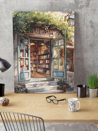 5D DIY لوحة الماس | مشهد مكتبة ريفية خريفية. أشعة الشمس المتراقصة تسطع على مدخل المكتبة. لوحة فنية من الماس عالية الدقة، لوحة زخرفية يدوية، مجموعة فسيفساء كاملة من الراين ستون، تمارين لمهارات DIY والتركيز