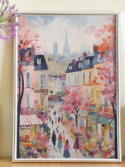 5D DIY Pintura de Diamantes | Kits de Pintura de Diamantes del Pueblo Primaveral Rosa. Pinceladas únicas del paisaje de primavera. Diamantes de arte HD, pintura decorativa hecha a mano, kit de artesanía de mosaico completo de rhinestones, ejercicios para habilidades DIY y concentración.