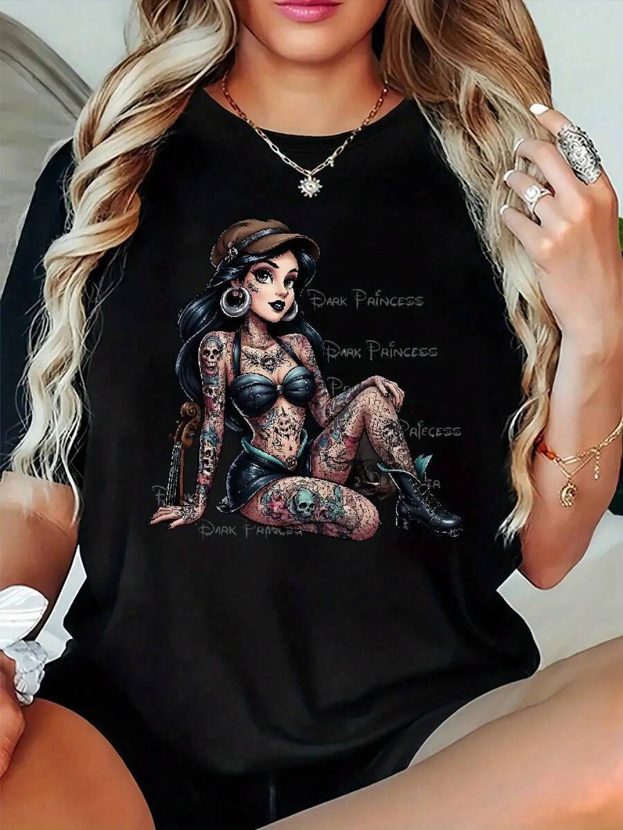 For Dark Princess Gothic Graphic Women's Crew-Neck T-Shirt - Edgy Tattoo & Chain Design, Casual Short Sleeve Tee For Spring Summer Fall, Machine Washable Versatile Top, Perfect Gift For Fans, Shirt, Seasonal Fashion, Floral Print Shirt, Portable Clothing - 黑色 - 查看 1