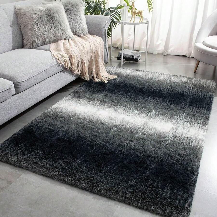Meralax Area Rugs For Living Room Bedroom, Gradient Black 4x6 Feet Soft Fluffy Shaggy Bedside Rug, Machine Washable Indoor Floor Carpet For Kids Boys, Dorms, Nursery Rooms, Home Decor Aesthetic - 黑色漸變 - 查看 1