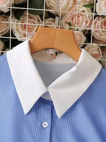 Women's Elegant Long Sleeve Shirt - Light Blue Striped Office Shirt, Classic Collar Business Casual Top, Suitable For Professional And Casual Wear, Machine Washable Non-Stretch Formal Shirt, Work Attire, Timeless Design, Quality Stitching, For Career Women - Blue - View 7