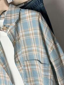 YUXIN 复古蓝色格子长袖时尚宽松女士衬衫，独特设计，秋季