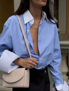 Women's Elegant Long Sleeve Shirt - Light Blue Striped Office Shirt, Classic Collar Business Casual Top, Suitable For Professional And Casual Wear, Machine Washable Non-Stretch Formal Shirt, Work Attire, Timeless Design, Quality Stitching, For Career Women - Blue - View 10