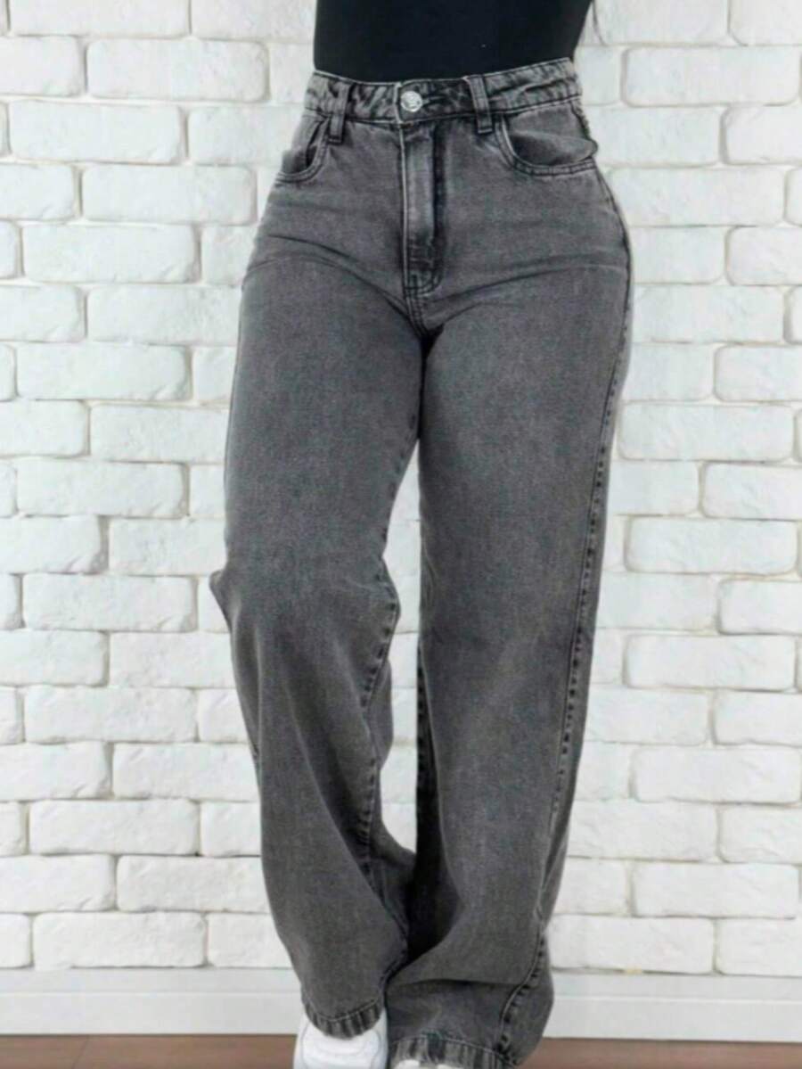 Women's Wide Leg Jeans, High Waist, Butt Lifting Pants - Grey - View 1